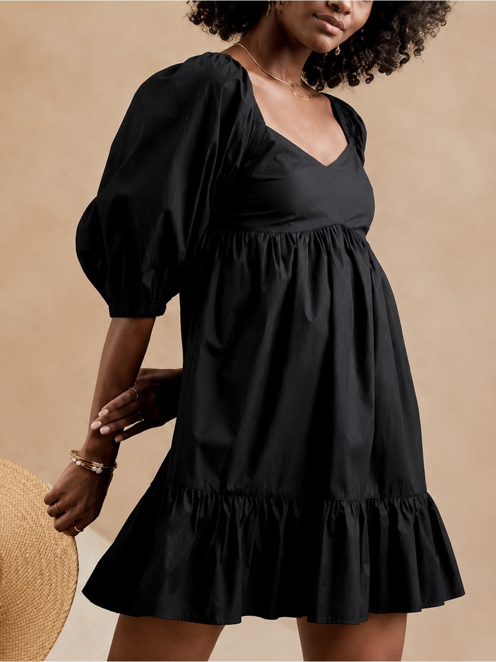 Banana Republic Black Poplin Puff Sleeve Empire Waist Babydoll Mini Dress